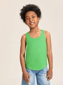 SHEIN Boys 100% Cotton Solid Tank Top - Lime Green - View 5