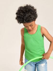 SHEIN Boys 100% Cotton Solid Tank Top - Lime Green - View 6