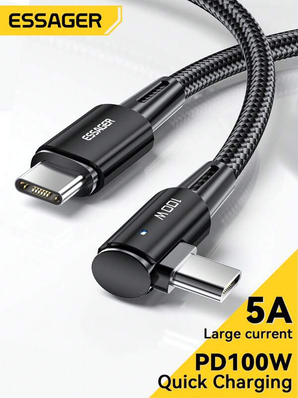 ESSAGER Essager USB C To Type C Cable PD100W 60W Fast Charger 90 Degree Angle Charging Cord Wire Compatible With Xiaomi Compatible With Samsung Apple Laptop IPad IM/78.74inch Compatible With IPhone 16, 16 Pro Max, 15, 15 Plus, 15 Pro, 15 Pro Max,Compatible With Xiaomi, Compatible With OnePlus 90 Degree Right Angle Nan Fast Charging MFi Certified