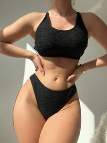素色比基尼泳裝 - 黑色 - 查看 3