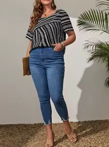 EMERY ROSE Áo cánh kẻ sọc in viền bất đối xứng cho mùa hè - Đen và trắng - Xem 5