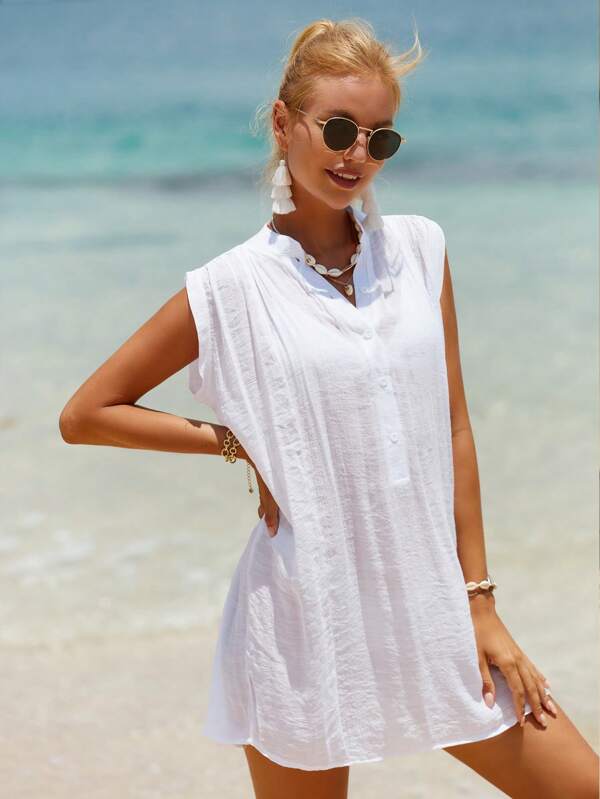 Swim Vcay Summer Beach Solid Button Front Sleeveless Cover Up Dress