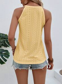 SHEIN LUNE 素色網眼刺繡掛脖上衣 - 黃色 - 查看 2