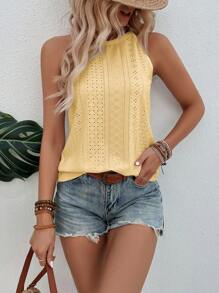SHEIN LUNE 素色網眼刺繡掛脖上衣 - 黃色 - 查看 5