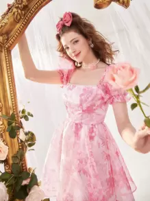 SHEIN MOD Floral Print Puff Sleeve Organza Dress - Multicolor - View 5