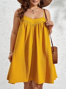 SHEIN VCAY Plus Solid Cami Dress - Mustard Yellow - View 1
