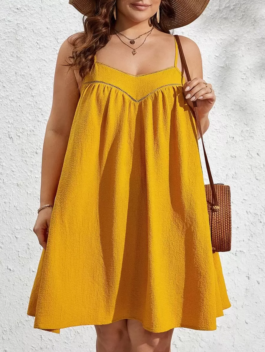 SHEIN VCAY Plus Solid Cami Dress - Mustard Yellow - View 1