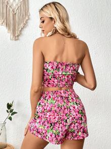 SHEIN VCAY Allover Floral Print Knot Front Tube Top & Shorts - Multicolor - View 5