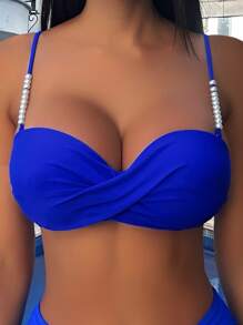 Áo Tops Bikini Nữ Ngọc trai Pha lê kim cương xoắn lại màu trơn - Xanh đậm - Xem 1