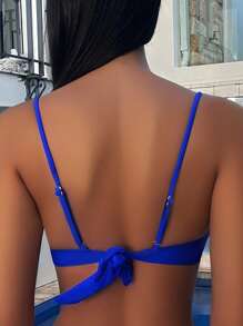 Áo Tops Bikini Nữ Ngọc trai Pha lê kim cương xoắn lại màu trơn - Xanh đậm - Xem 2