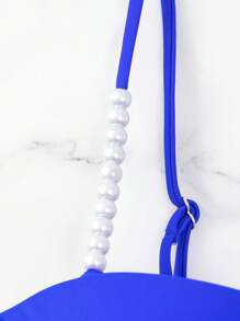 Áo Tops Bikini Nữ Ngọc trai Pha lê kim cương xoắn lại màu trơn - Xanh đậm - Xem 4