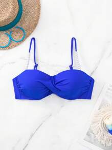 Áo Tops Bikini Nữ Ngọc trai Pha lê kim cương xoắn lại màu trơn - Xanh đậm - Xem 5
