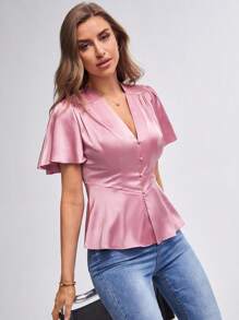 BizChic 素色前紐扣緞面襯衫工作服 - 粉色 - 查看 9