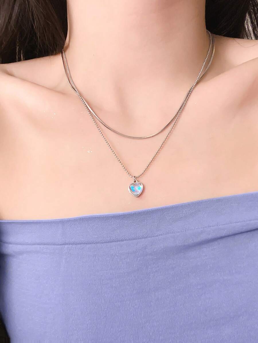愛心掛飾多層次項鍊 - 銀色 - 查看 1
