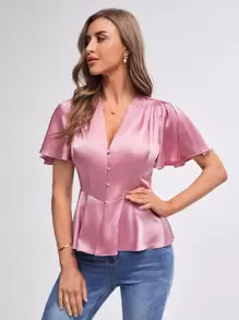 BizChic 素色前紐扣緞面襯衫工作服 - 粉色 - 查看 7