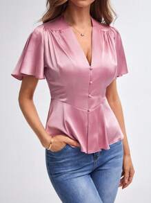 BizChic 素色前紐扣緞面襯衫工作服 - 粉色 - 查看 1