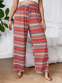 Plus Chevron Print Tie Waist Wide Leg Trousers - Multicolor - View 5