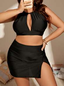 SHEIN 大碼鏤空掛脖比基尼上衣附沙灘裙 - 黑色 - 查看 2