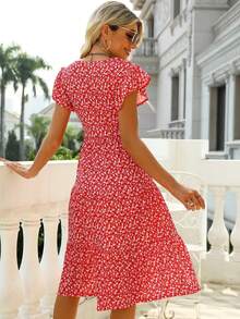 Ditsy Floral Print Butterfly Sleeve Dress - Red and White - View 2