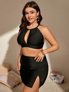 SHEIN 大碼鏤空掛脖比基尼上衣附沙灘裙 - 黑色 - 查看 5