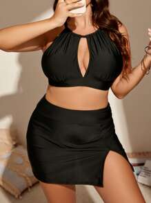 SHEIN 大碼鏤空掛脖比基尼上衣附沙灘裙 - 黑色 - 查看 1