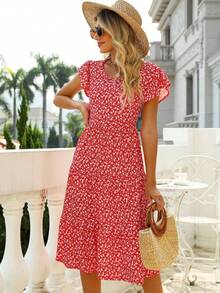 Ditsy Floral Print Butterfly Sleeve Dress - Red and White - View 4