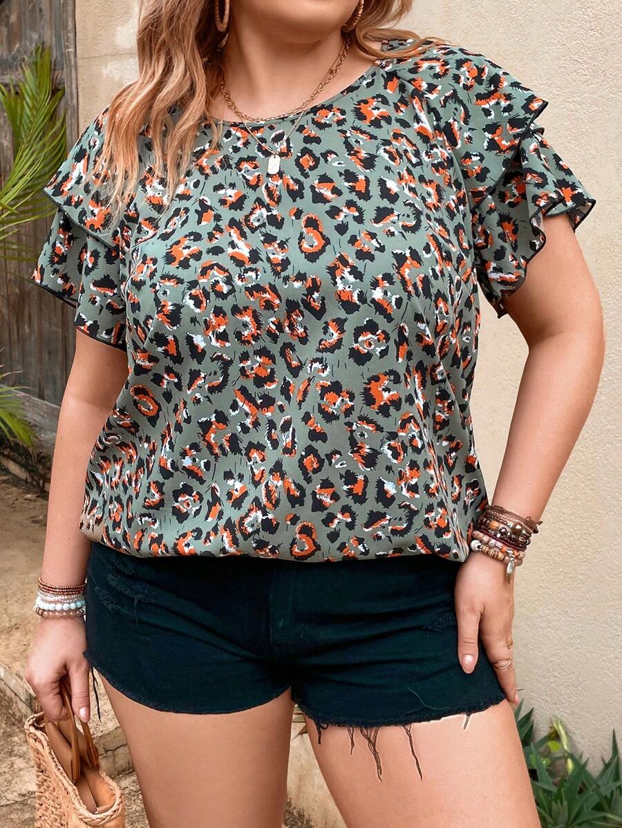 SHEIN LUNE Plus Allover Print Butterfly Sleeve Blouse - Green - View 1