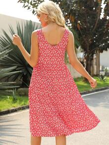 碎花吊帶連衣裙 - 紅白色 - 查看 2