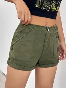 SHEIN EZwear 女士复古星形印花短裤 - 軍綠色 - 查看 4