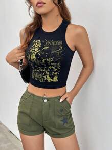 SHEIN EZwear 女士复古星形印花短裤 - 軍綠色 - 查看 6