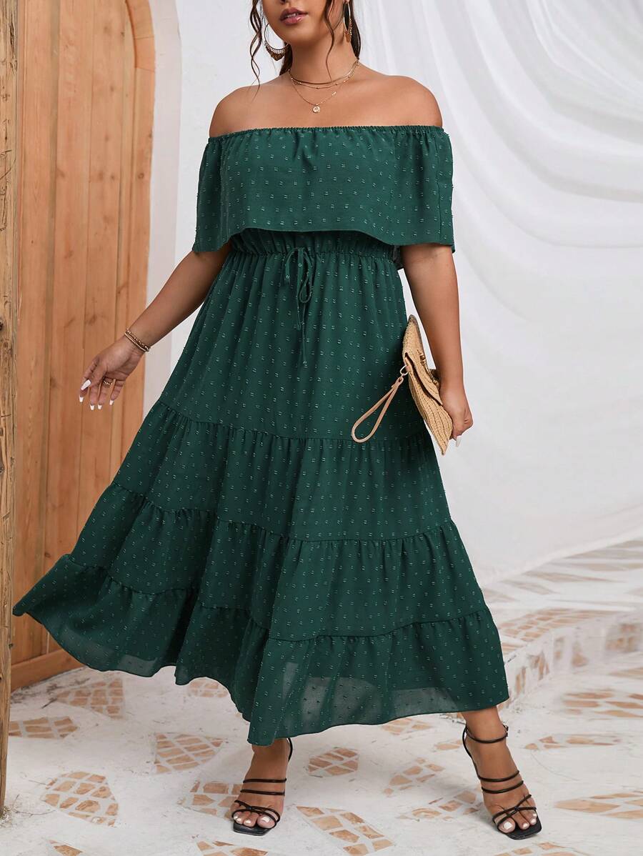 SHEIN LUNE Plus Swiss Dot Off Shoulder Dress - Green - View 1