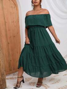 SHEIN LUNE Plus Swiss Dot Off Shoulder Dress - Green - View 4
