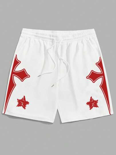 Goth Men Cross Star Print Drawstring Waist Shorts, School