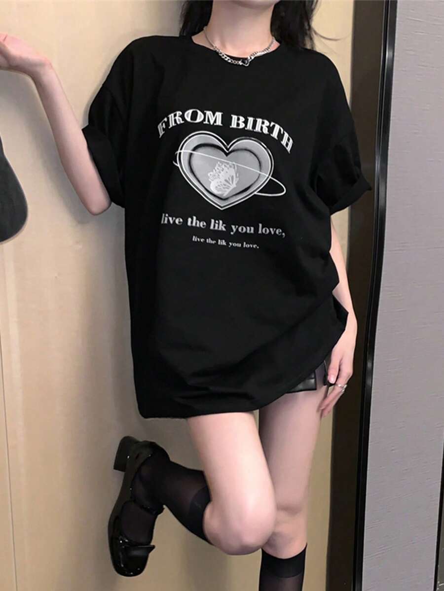 Áo thun nữ Slogan Tim Giải trí - màu đen - Xem 1