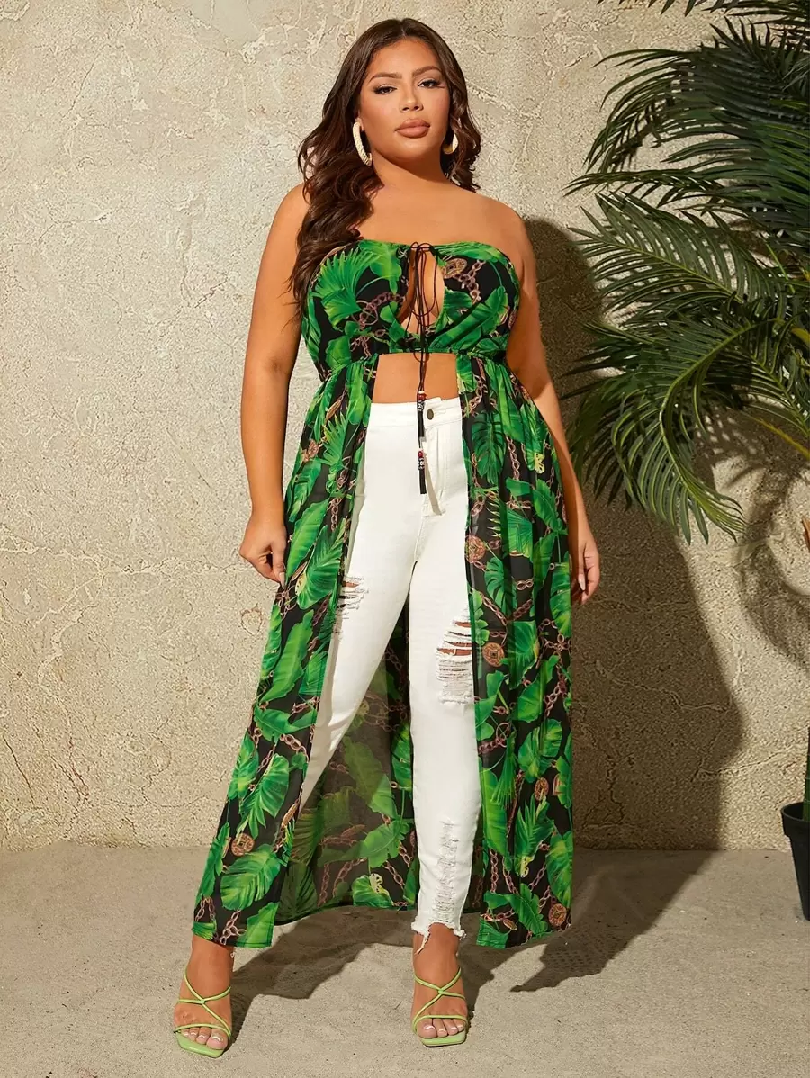 SHEIN SXY 大碼熱帶圖案前打結高低下擺抹胸上衣 - 彩色 - 查看 1