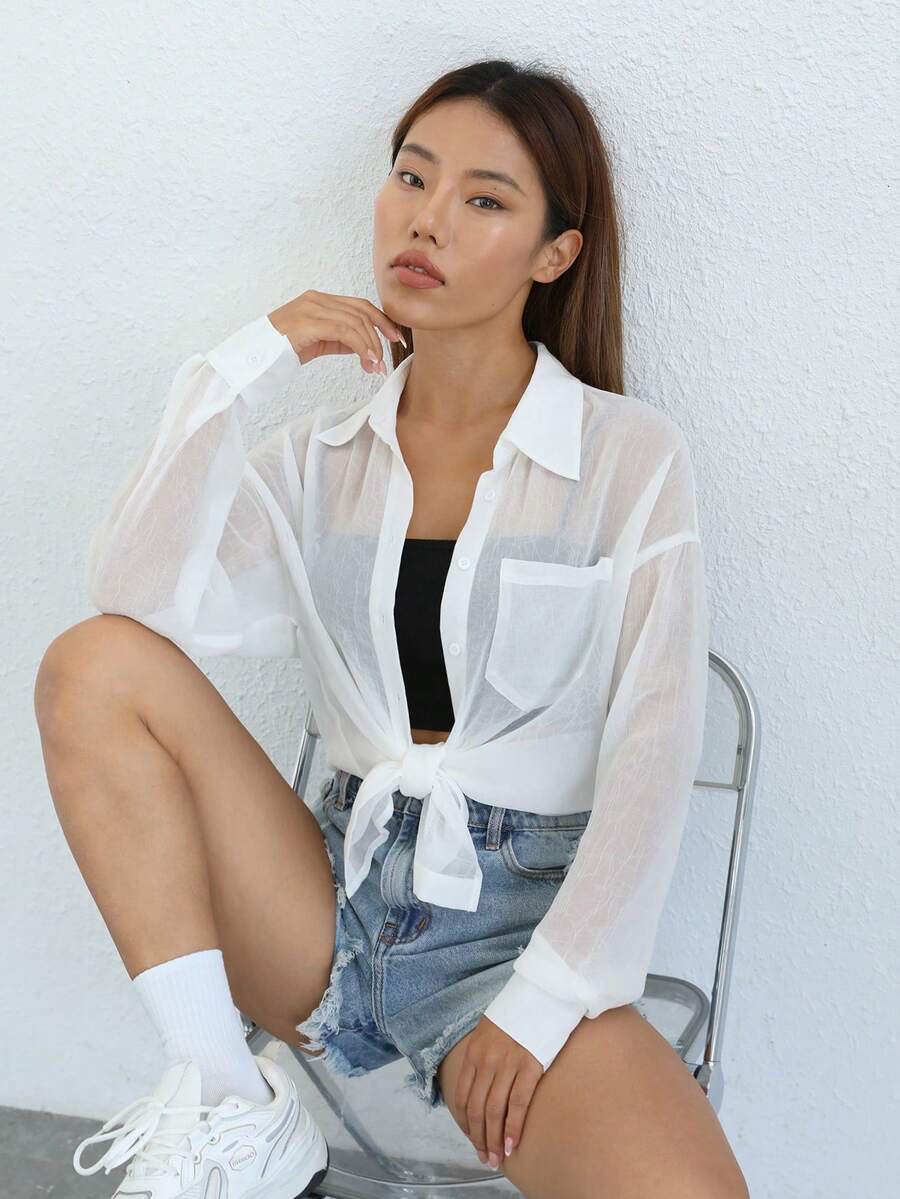 SHEIN EZwear Drop Shoulder Pocket Patched Sheer Shirt Without Cami Top - White - View 1