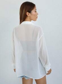 SHEIN EZwear Drop Shoulder Pocket Patched Sheer Shirt Without Cami Top - White - View 2