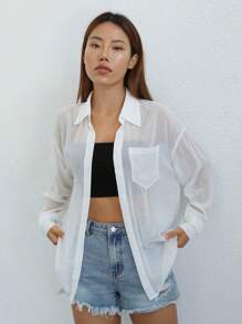 SHEIN EZwear Drop Shoulder Pocket Patched Sheer Shirt Without Cami Top - White - View 3