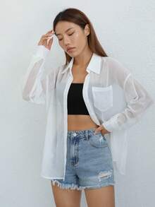 SHEIN EZwear Drop Shoulder Pocket Patched Sheer Shirt Without Cami Top - White - View 4