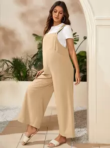 SHEIN 孕婦素色背帶連身褲不帶T恤 - 卡其色 - 查看 4