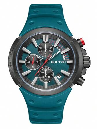 EXTRI 1pc Men Blue Silicone Strap Fashionable Water Resistant Round Dial Quartz Watch, For Daily Life