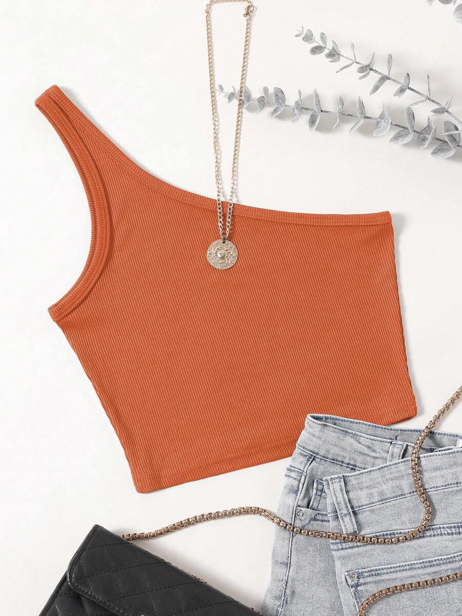 Franclia 實心鎬編單肩短款上衣 - 橘色 - 查看 1