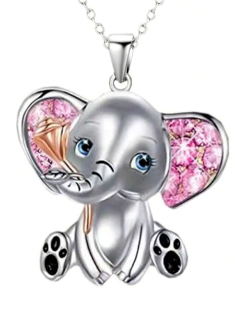 1入組時尚水鑽裝飾大象吊墜項鍊適合女士日常裝飾 - 銀色 - 查看 1