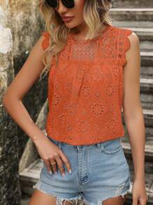 Breezaya Áo sơ mi nữ Tương phản ren Sò điệp Tranh thêu màu trơn Boho - trái cam - Xem 7