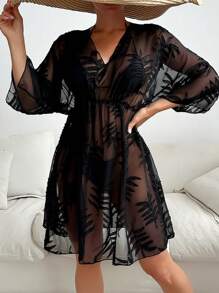 Selianne Vestido cover up con estampado tropical de manga murciélago con cinturón de malla - Negro - Ver 2