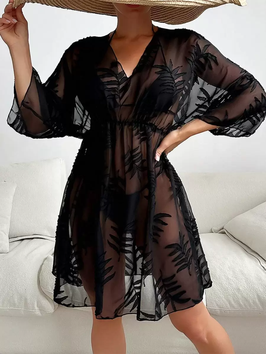 Selianne Vestido cover up con estampado tropical de manga murciélago con cinturón de malla