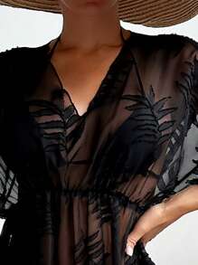 Selianne Vestido cover up con estampado tropical de manga murciélago con cinturón de malla - Negro - Ver 4