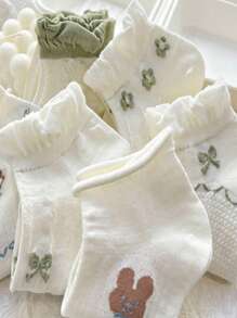 5雙女性荷葉邊蝴蝶結和花朵印花時尚短襪適用於日常 - 彩色 - 查看 2