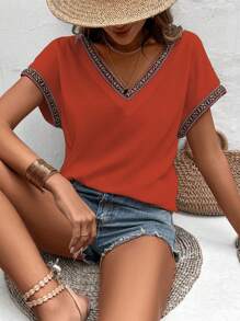 SHEIN LUNE 織帶拼接蝙蝠袖T恤 - 橘色 - 查看 1