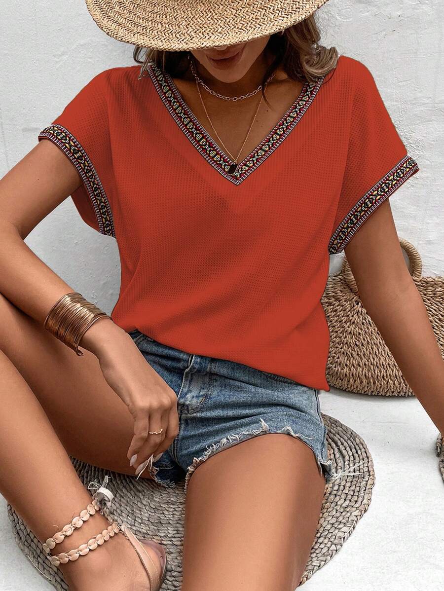 SHEIN LUNE 織帶拼接蝙蝠袖T恤 - 橘色 - 查看 1